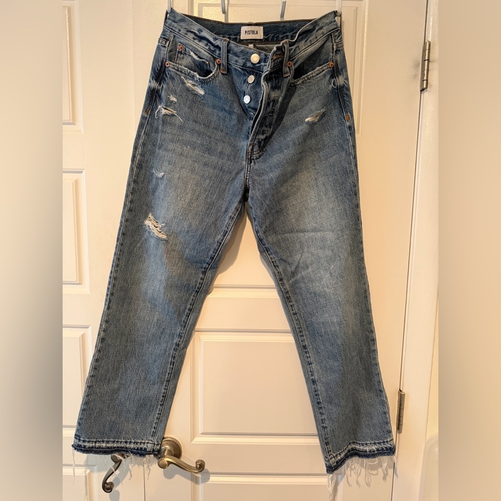 Pistola Women's Blue Denim High Rise Charlie Button Fly Straight Leg Jeans 28